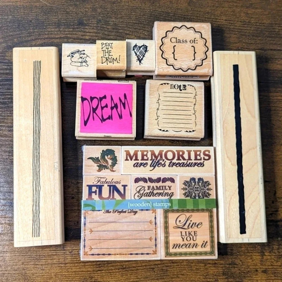 15 Wooden Rubber Stamps- Scrapbooking-Journaling- Teachers-Border-Note-Cat-Heart - Picture 1 of 9
